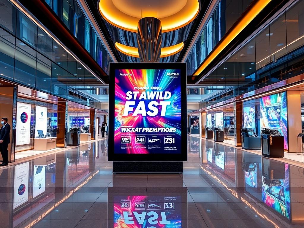 A sleek and modern holographic billboard showcasing vibrant promotional content