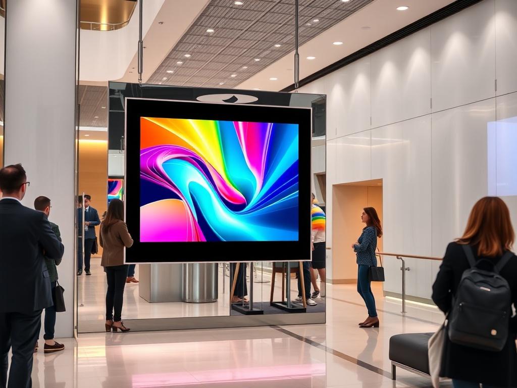 A striking LED panel mounted in a modern lobby, showcasing