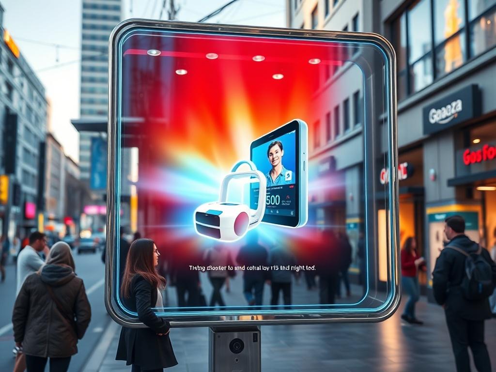 A sleek, modern holographic billboard displaying vibrant promotional content