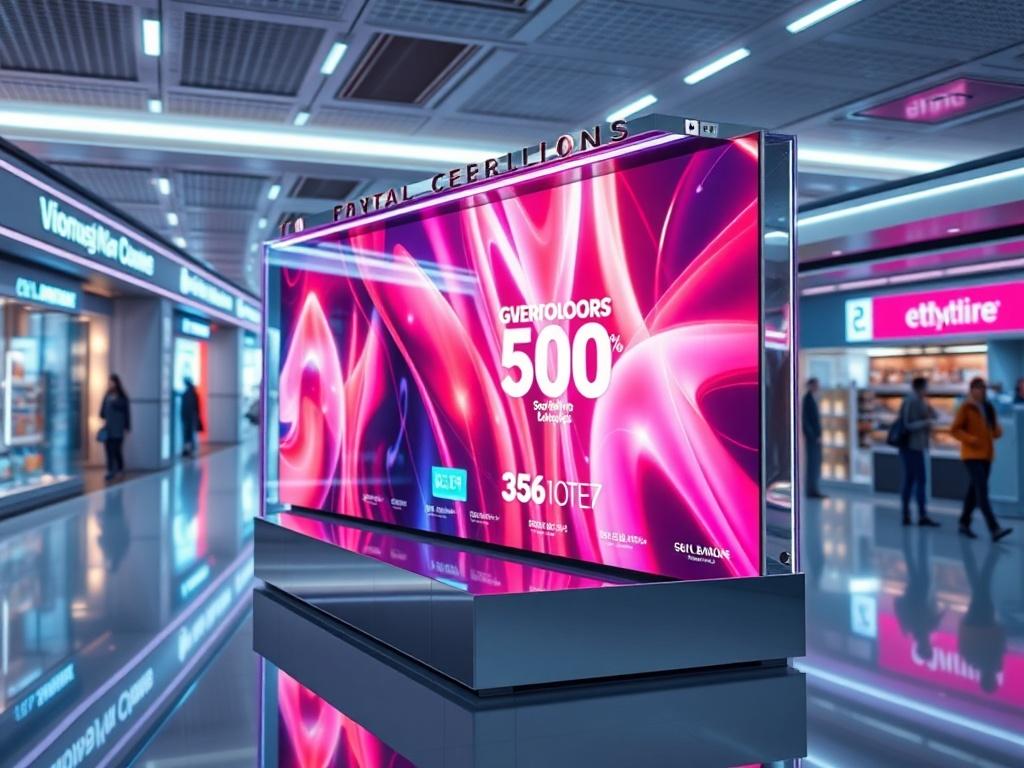 A high-resolution, photorealistic image of a sleek, modern holographic billboard displaying vibrant promotional content in a bright retail environment. The billboard should have hyper-glossy, mirror-like reflections and luminous highlights, showcasing an ultra-shiny surface. The background should be minimalistic, focusing on the billboard as the central subject, creating a futuristic branding atmosphere with a color palette that includes rgb(50, 170, 39).