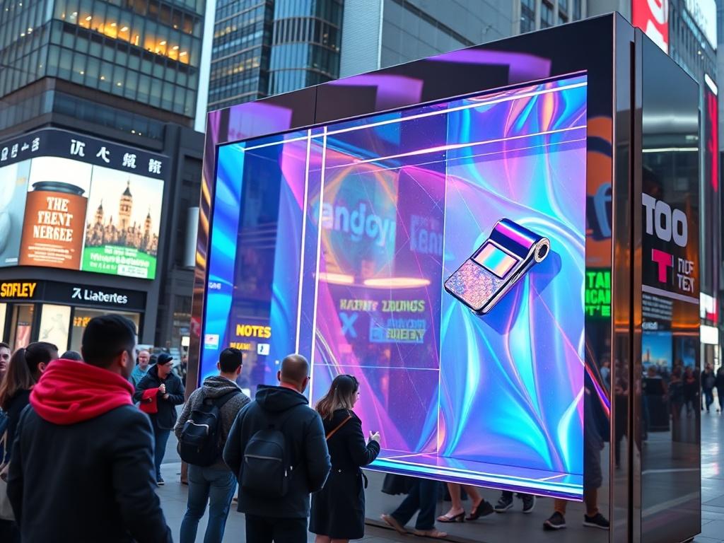 A high-resolution image of a vibrant holographic billboard showcasing a product, set in an urban environment with people admiring it. The scene should be lively, filled with colors and reflections, capturing the essence of modern advertising. The billboard should have a mirror-like finish with luminous highlights, emphasizing the sleek and innovative technology.