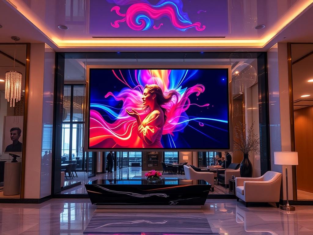 A high-resolution image of a sleek LED panel installed in a modern lobby, displaying a colorful promotional video. The setting should have elegant furnishings and ambient lighting, creating a sophisticated atmosphere. The LED panel should be shiny and reflective, showcasing the clarity and vibrancy of the content being displayed.