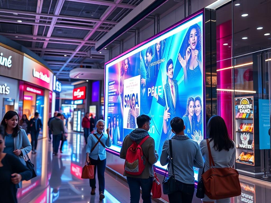 A high-resolution image showcasing a vibrant holographic advertisement in a busy retail area, with shoppers interacting and engaging with the content. The billboard should have a glossy finish and bright colors, reflecting the innovative nature of modern marketing technology. The background should convey a bustling shopping environment.