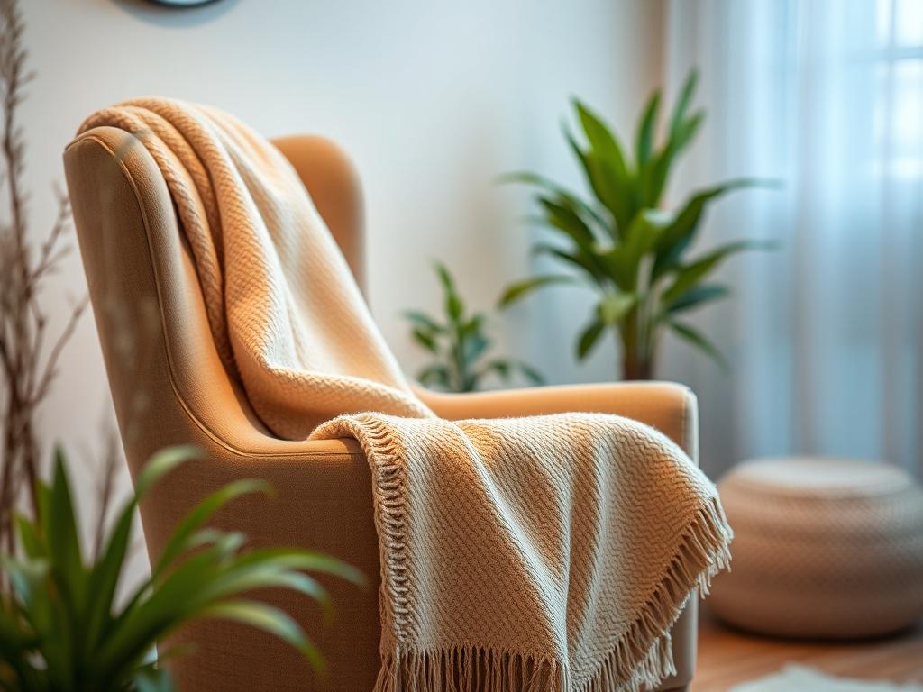 A serene therapy room with soft lighting and comfortable seating. The focus is on a cozy armchair with a warm blanket draped over it, symbolizing comfort and safety. In the background, gentle plants add a touch of nature, while calming colors dominate the scene, creating a welcoming atmosphere. The composition should highlight the armchair as the primary subject, with a blurred background to enhance the sense of peace.
