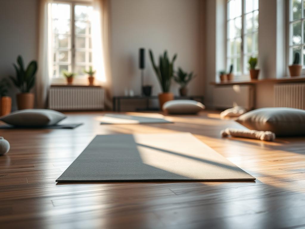 A serene and inviting space for a somatic workshop, featuring a peaceful setting with soft natural light filtering through large windows. The workshop area has comfortable yoga mats spread out on a polished wooden floor, with cushions and blankets nearby. In the background, there's a subtle display of plants for a calming effect. The focus is on a single yoga mat with a serene atmosphere, inviting participants to engage in mindful movement and healing. The overall color palette is warm and soothing.