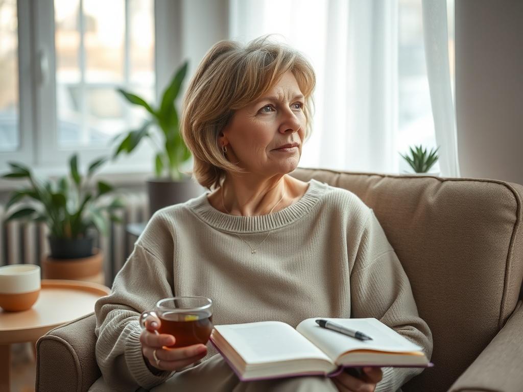 Create a hyper-realistic, high-resolution close-up photograph of a middle-aged woman sitting thoughtfully on a comfortable chair in a softly lit, cozy room. She has a contemplative expression, conveying a mix of wisdom and introspection as she reflects on her life and identity during menopause. The woman should have shoulder-length, slightly tousled hair and wear a soft, flowing sweater in a soothing, neutral tone, symbolizing comfort and warmth.

In the background, include elements that subtly represent th