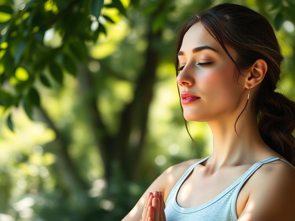 A serene scene depicting a woman in a peaceful outdoor setting, practicing gentle yoga with her eyes closed, surrounded by lush greenery and soft sunlight filtering through leaves. The background should convey tranquility, reflecting a calm and restorative atmosphere, captured in high-resolution with a close-up shot to emphasize the subject's serenity.