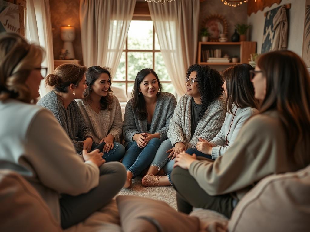 A cozy indoor space filled with women sitting in a circle, engaged in heartfelt conversation. The room is adorned with soft pillows and blankets, creating a warm atmosphere. Women are sharing their stories, with expressions of empathy and support, reflecting a strong sense of community. The setting is inviting and intimate, encouraging openness and healing.