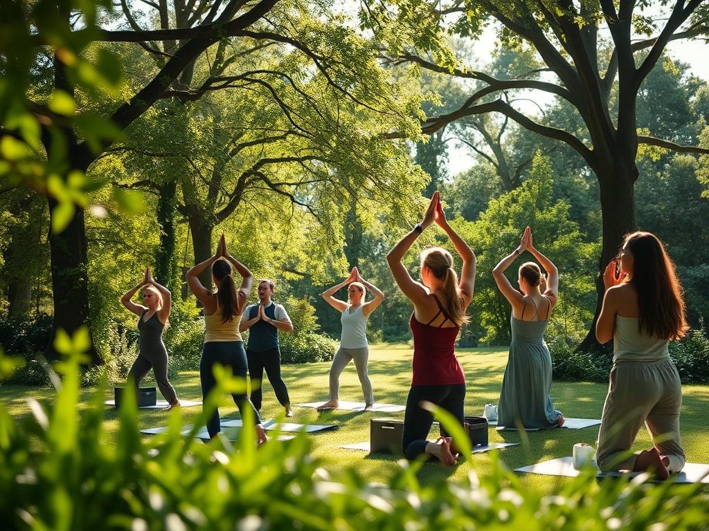 A tranquil outdoor setting featuring a group of participants engaged in a somatic practice, surrounded by lush greenery. The sun filters through the trees, casting soft light on the scene. Participants are practicing mindfulness and movement, embodying a sense of peace and connection. The atmosphere conveys serenity and openness, inviting a deeper exploration of self.