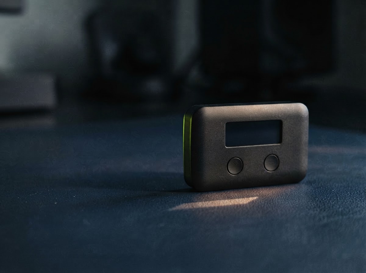 A hardware wallet resting on a dark desk, ready to connect securely