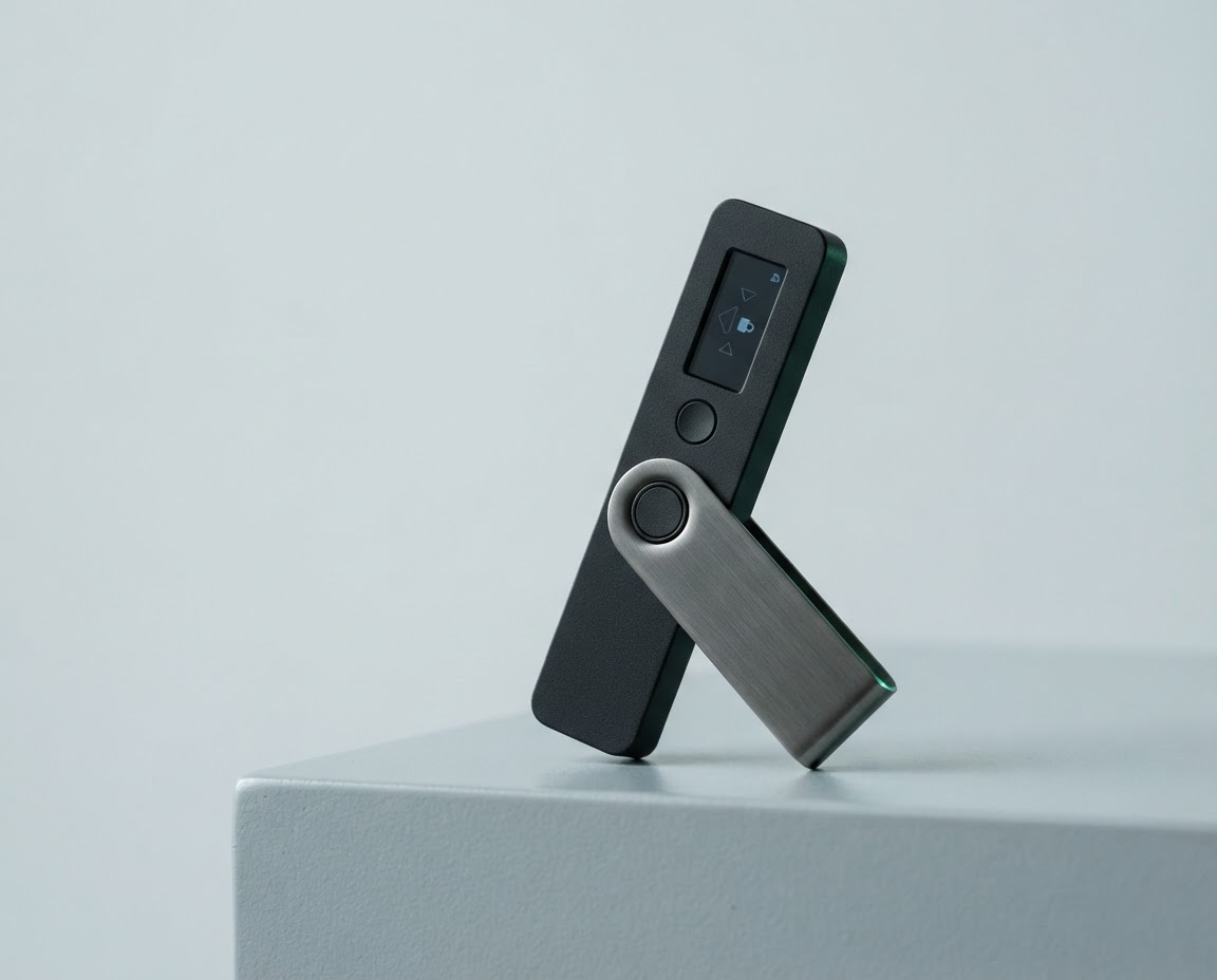 A black hardware wallet device displayed upright on a soft gray studio plinth