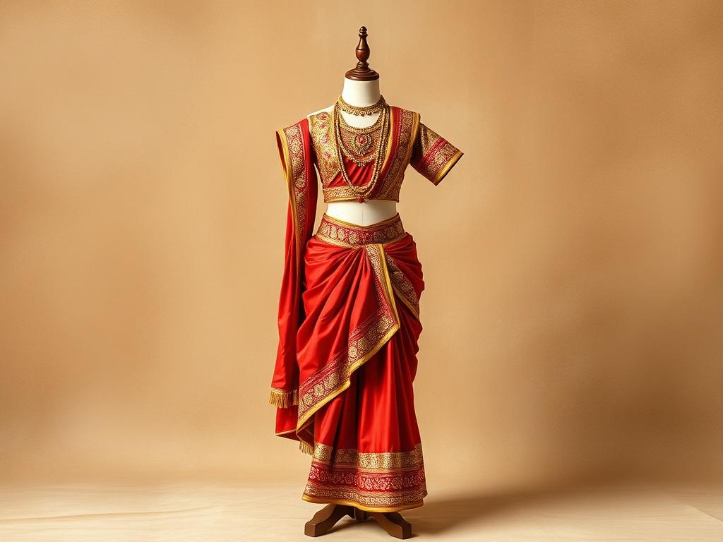 A traditional Indian dance costume displayed on a mannequin