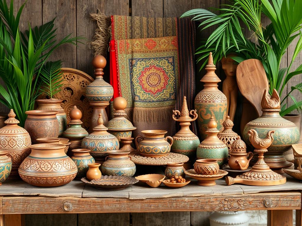 An assortment of exquisite Indian handicrafts displayed on a rustic