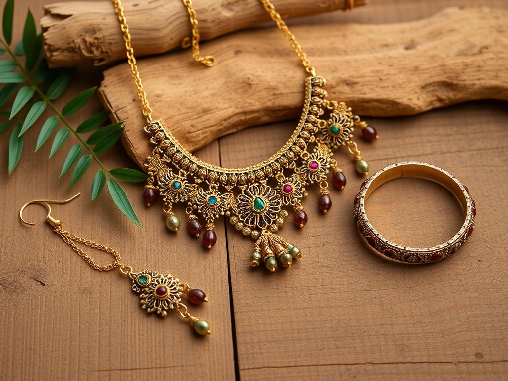 A beautifully arranged handcrafted Indian jewellery set, including a necklace,