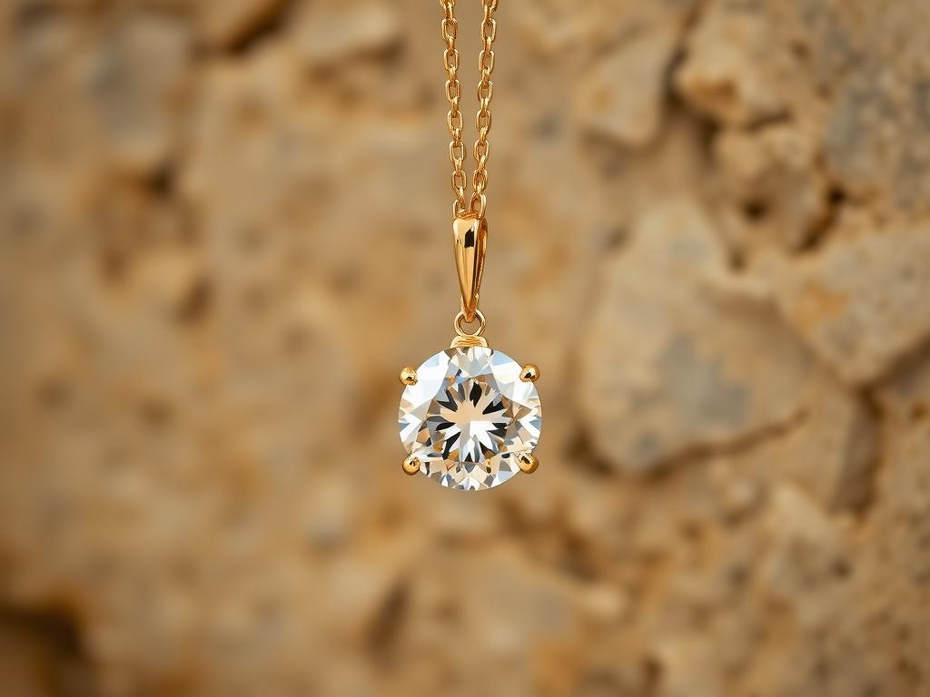 A dazzling polished diamond pendant hanging from a delicate gold chain, showcased against a soft, neutral background. The diamond should be the focal point, sparkling with light, while the pendant's elegant design is highlighted.