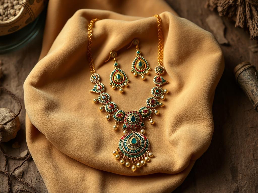A stunning Meenakari necklace set, displaying vibrant colors and intricate patterns, arranged gracefully on a soft velvet cloth. The necklace and earrings should be showcased together, emphasizing their artistic design and craftsmanship.