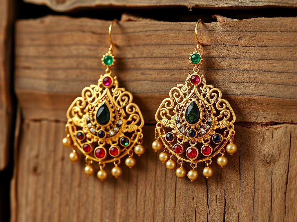 A pair of intricately designed Kundan earrings featuring colorful gemstones set in gold foil, displayed elegantly against a rustic wooden background. The earrings should gleam in natural light, highlighting their craftsmanship and intricate details.