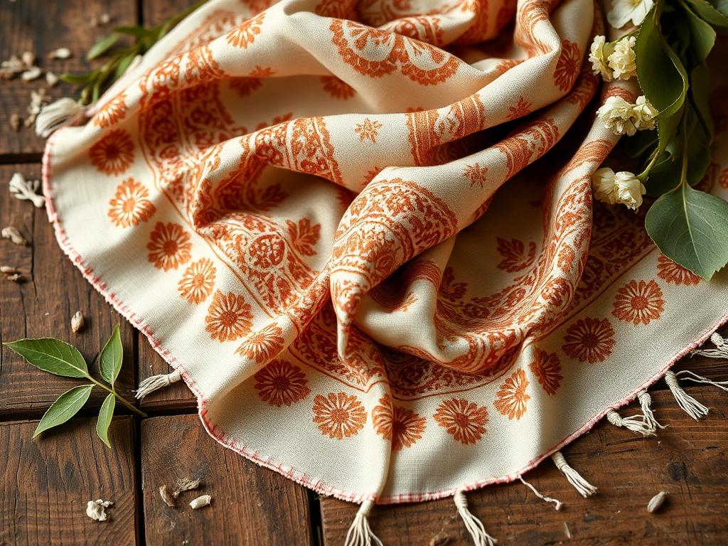 A close-up of a beautifully draped Bagru print cotton scarf on a rustic wooden surface. The scarf showcases intricate designs in earthy colors, surrounded by natural elements like leaves or flowers that complement its aesthetic. Soft, diffused lighting enhances the texture and detail of the fabric.