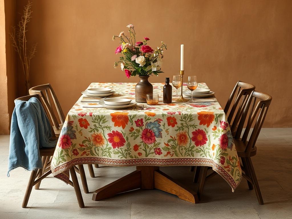A beautifully set dining table featuring a vibrant Sanganeri block-printed tablecloth with floral designs. The table is adorned with natural tableware, a bouquet of fresh flowers, and soft lighting that highlights the intricate details of the print. The background should be warm and inviting, enhancing the rustic charm of the setting.