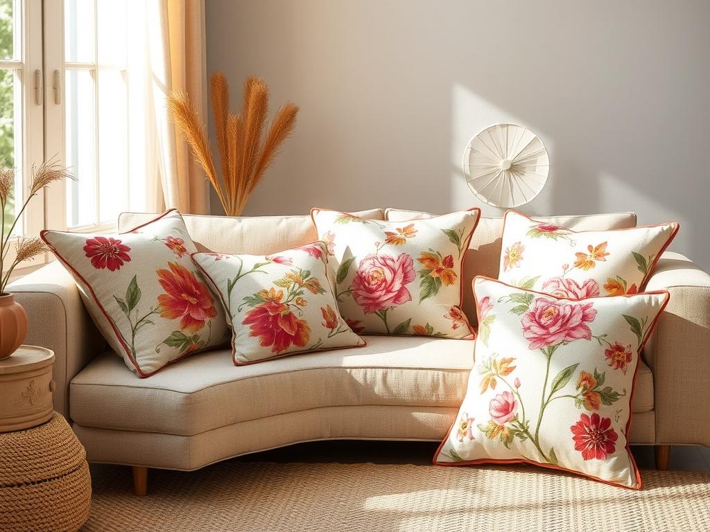 A cozy living room scene featuring Sanganeri print cushion covers arranged on a comfortable sofa. The cushions display vivid floral designs against a neutral backdrop. Soft natural light filters in, creating a warm and welcoming atmosphere that highlights the beauty of the prints.