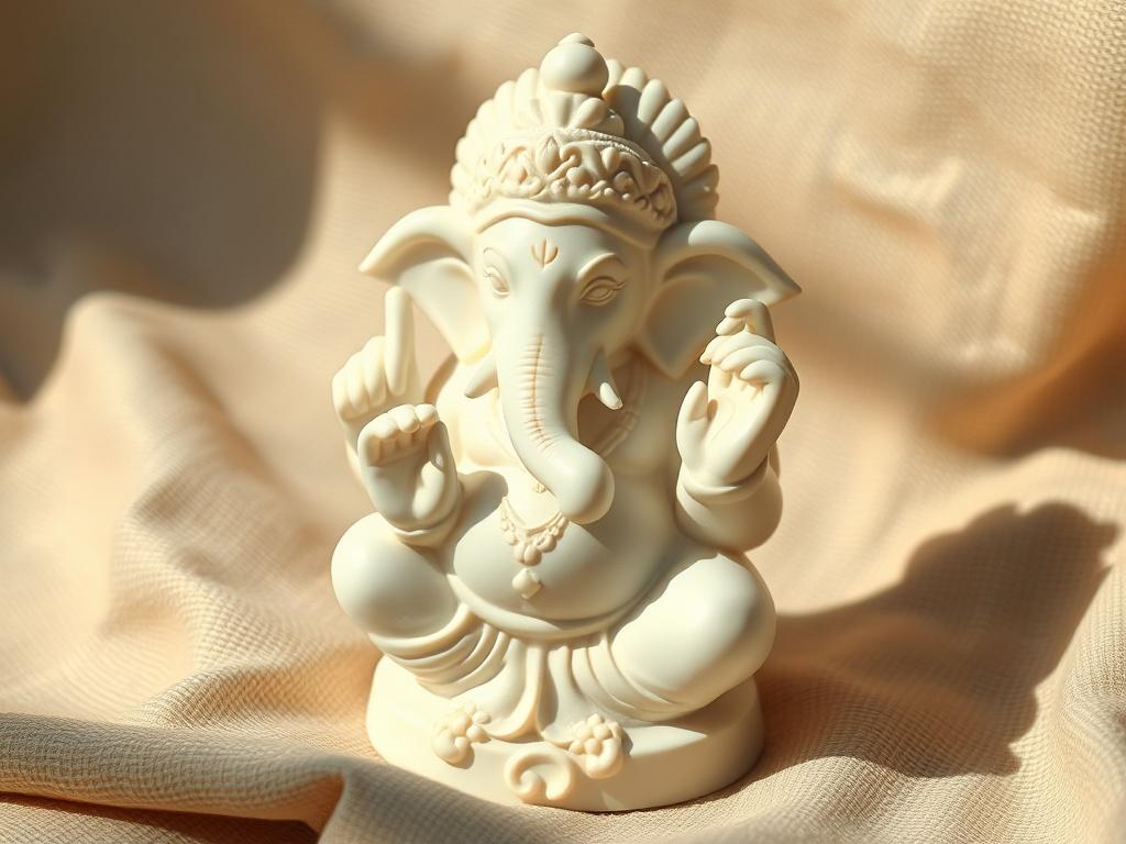 An intricately carved white marble statue of Ganesh, depicted with a serene expression and detailed features. The statue is placed on a soft, textured fabric background, highlighting its elegance. Natural light casts gentle shadows, emphasizing the artistry and craftsmanship.