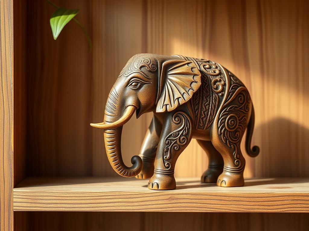 A finely detailed wooden carving of an elephant, with ornate designs and a polished finish. The elephant stands proudly on a simple wooden shelf, surrounded by soft natural light that enhances the wood's texture. The background features subtle hints of green plants, adding a touch of nature.