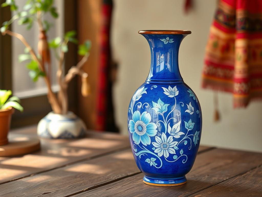 A beautifully crafted blue pottery vase with intricate floral designs, showcasing vibrant blue and white colors. The vase is set against a rustic wooden table, with soft natural light illuminating its glossy finish. The background features hints of traditional Indian textiles, subtly blending culture and artistry.