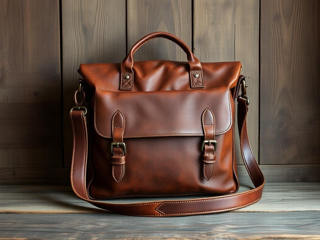 A realistic high-resolution image of a handcrafted leather satchel, showcasing its rich texture and earthy tones. The satchel should be placed against a rustic wooden background, highlighting its elegant design and adjustable shoulder strap.