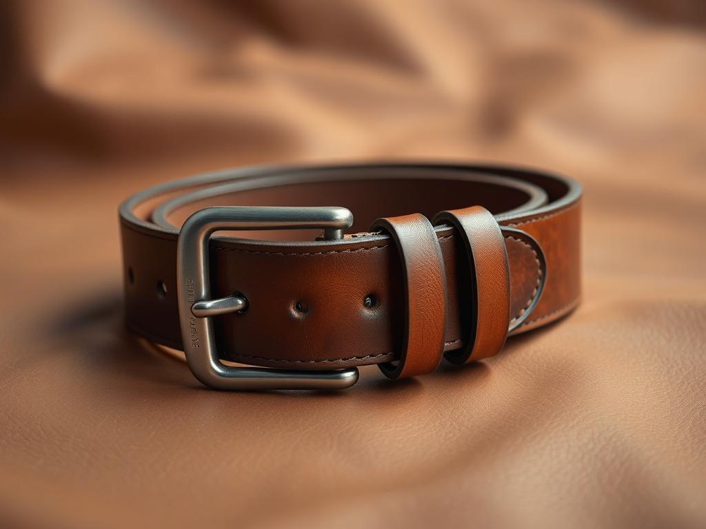 A realistic high-resolution image of a genuine leather belt, showcasing its smooth finish and sturdy buckle. The belt should be placed on a soft leather background, highlighting its quality and craftsmanship.
