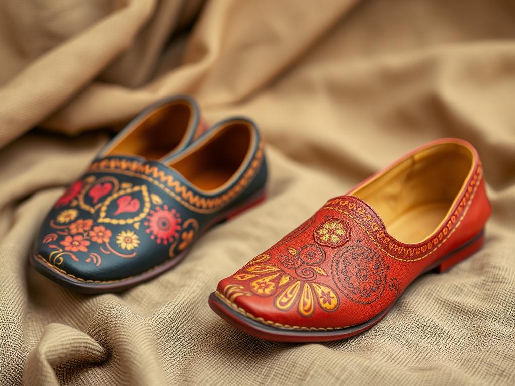 A high-resolution image of artisan leather juttis, featuring intricate designs and vibrant colors. The juttis should be displayed on a textured fabric, emphasizing their craftsmanship and cultural significance.