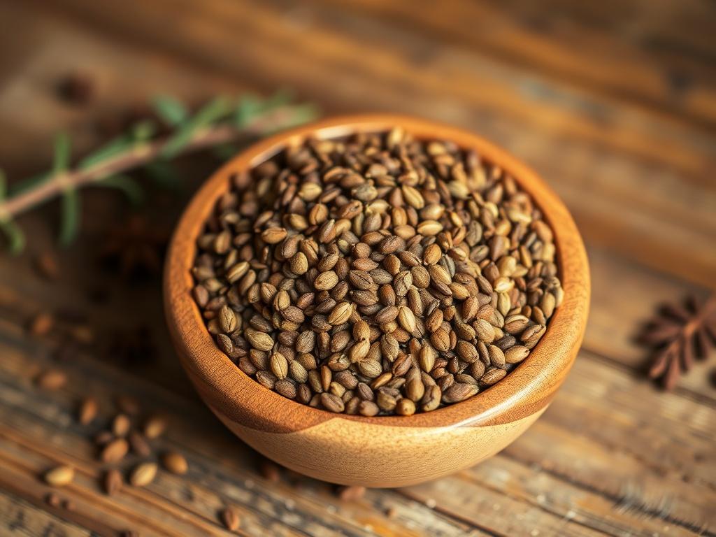A realistic high-resolution photo of premium cumin seeds in a traditional wooden bowl, placed on a rustic wooden table. The background should be softly blurred to highlight the texture and color of the cumin seeds, showcasing their rich brown and golden tones.
