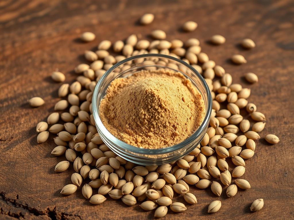 A high-resolution image of organic coriander powder in a small glass bowl, surrounded by whole coriander seeds on a rustic wooden surface. The natural lighting should enhance the earthy tones of the powder and seeds, creating a warm and inviting atmosphere.