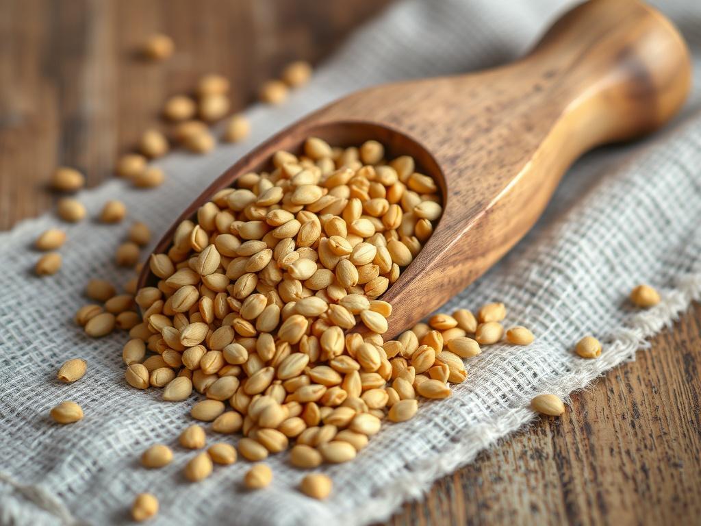 A realistic high-resolution photo of fenugreek seeds displayed in a rustic wooden scoop, with some scattered around it on a textured linen cloth. The background should be softly blurred, emphasizing the golden-brown color and unique texture of the seeds.