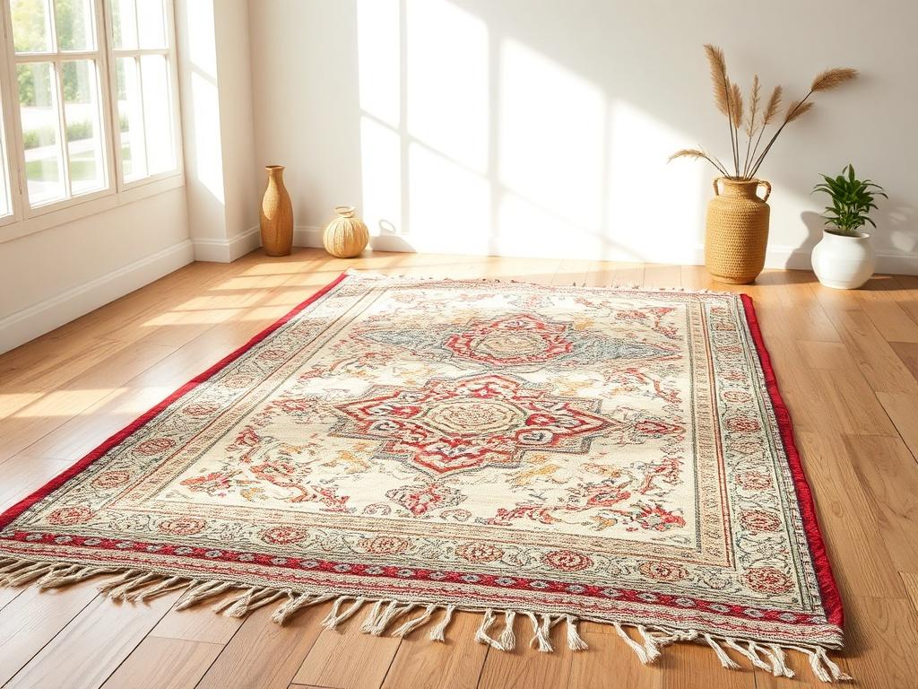 A handwoven cotton dhurrie rug displayed in a well-lit room, featuring intricate designs and vibrant colors. The rug is centered on a wooden floor, with sunlight streaming in to highlight its texture. The background shows minimalistic decor to emphasize the beauty of the rug.