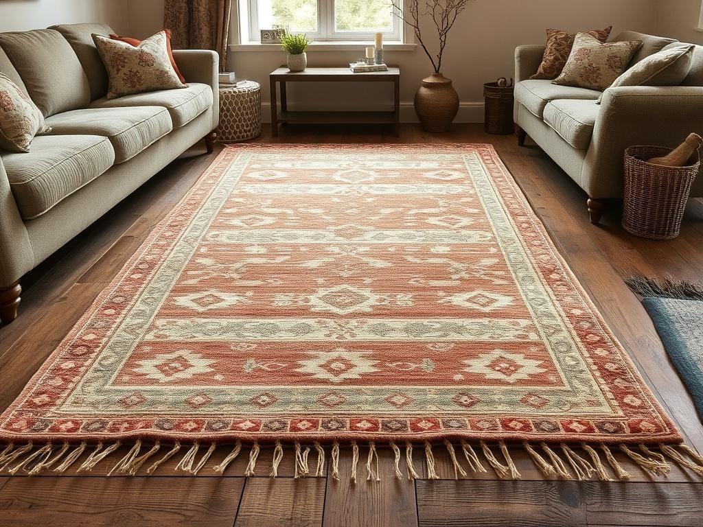 A woollen dhurrie rug placed in a cozy living room setting, showcasing intricate traditional motifs. The rug is positioned on a rustic wooden floor, surrounded by comfortable furniture. Natural light filters through a nearby window, enhancing the colors and textures of the rug.