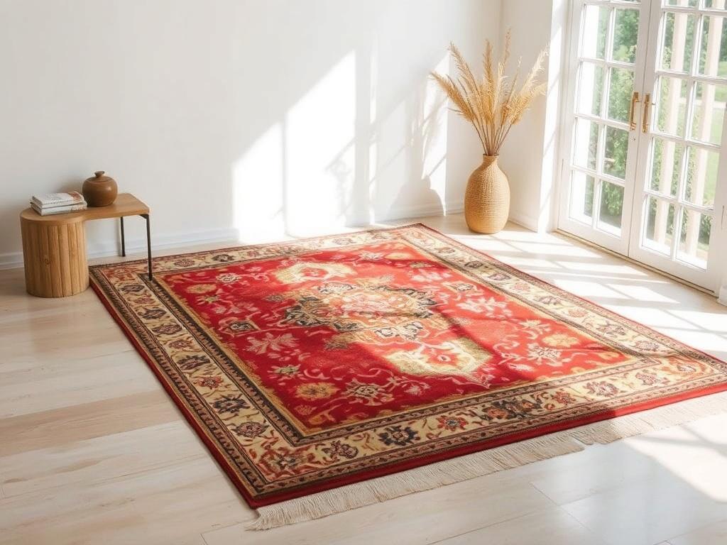 A traditional pattern dhurrie rug elegantly displayed in a sunlit room, highlighting its vibrant colors and intricate designs. The rug is placed on a simple, elegant flooring, with a few decorative elements around it to complement its beauty.
