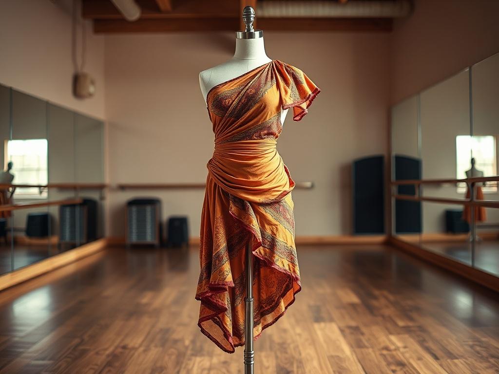 A realistic high-resolution photo of a Bachata partner dance costume displayed elegantly on a mannequin. The costume should feature vibrant colors and intricate detailing, showcasing the fabric's texture. The background should be a softly lit dance studio, with wooden floors and mirrors reflecting the essence of dance. The composition should focus solely on the costume, capturing its elegance and fluidity.