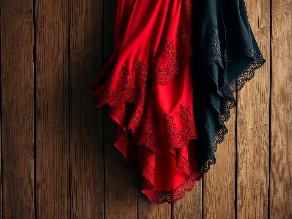 A close-up shot of a vibrant Tango dance costume hanging elegantly on a rustic wooden background. The costume features rich red and black colors, with intricate lace detailing and flowing fabric that suggests movement. The lighting highlights the textures of the fabric, creating an inviting and dramatic atmosphere.