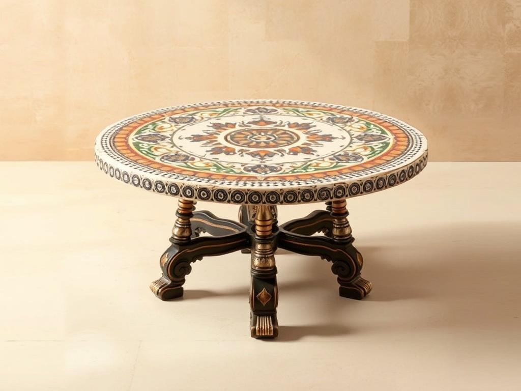 A beautifully crafted Rajasthani marble inlay table with intricate designs using semi-precious stones. The table is placed in a minimalist, well-lit room, showcasing its elegance and craftsmanship. The background features soft earthy tones, highlighting the table's vibrant colors and patterns.