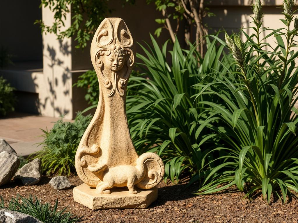An elegant handcrafted sandstone sculpture displayed in a garden setting. The sculpture features intricate carvings and natural textures, surrounded by lush greenery. The soft sunlight casts gentle shadows, enhancing the details of the sculpture against a serene backdrop.