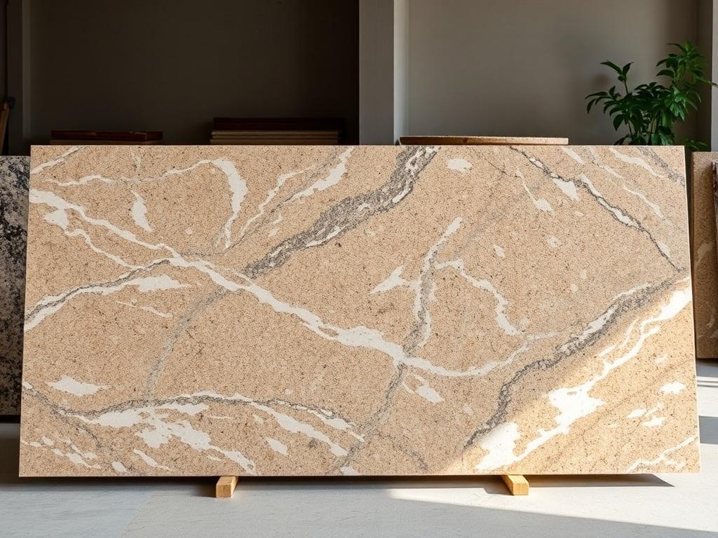 A selection of premium Rajasthan granite slabs displayed in a workshop setting. The slabs showcase their unique patterns and colors, with natural light highlighting their textures. The background is simple and clean, emphasizing the beauty of the granite.