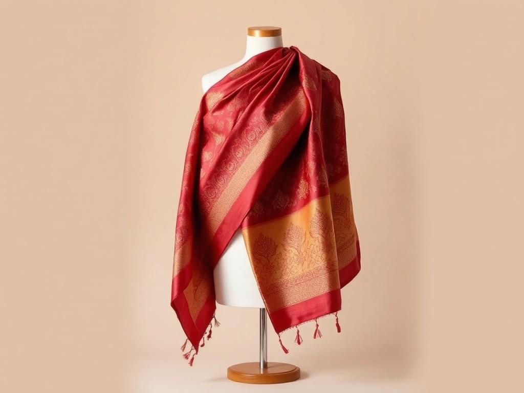 A beautiful, elegant silk saree draped gracefully on a mannequin. The saree features intricate handwoven patterns in vibrant colors like deep red and gold. The background is a soft, neutral tone to highlight the richness of the fabric. The image captures the fine texture of the silk and the intricate details of the weaving.