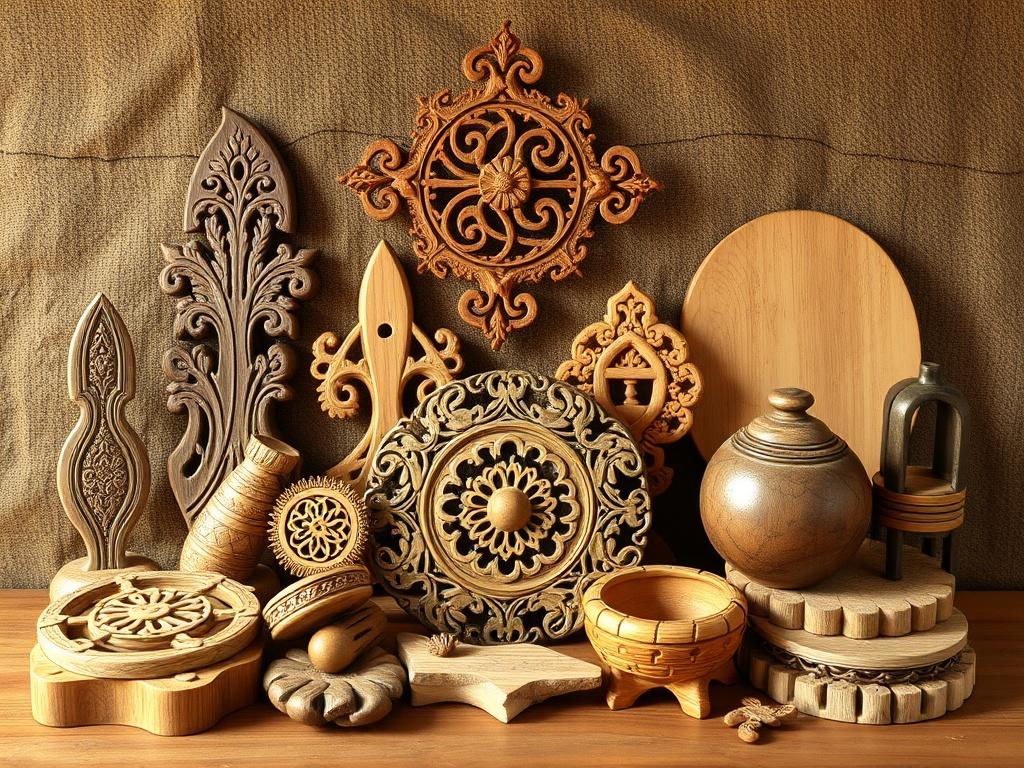 A collection of traditional handcrafted wooden crafts displayed against a rustic background. Each piece showcases intricate carvings and designs, emphasizing the artistry involved. The lighting is warm to highlight the natural texture of the wood and the details of the craftsmanship.