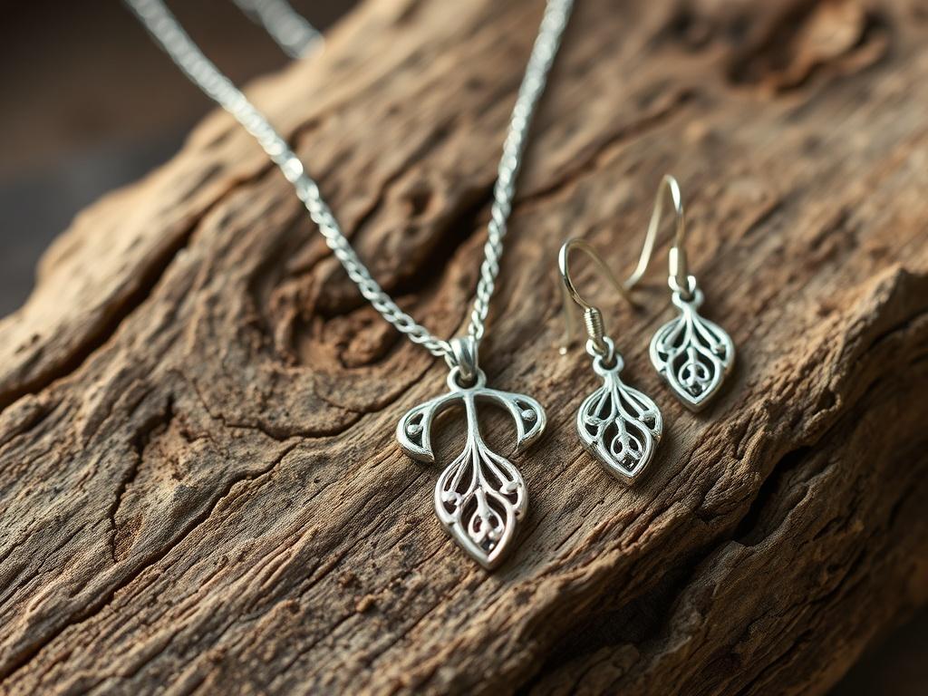 A stunning artisan silver jewellery set displayed elegantly on a textured wooden surface. The set includes a delicate necklace and matching earrings, both featuring intricate designs. The background has soft, natural lighting to enhance the shine of the silver and showcase the craftsmanship.
