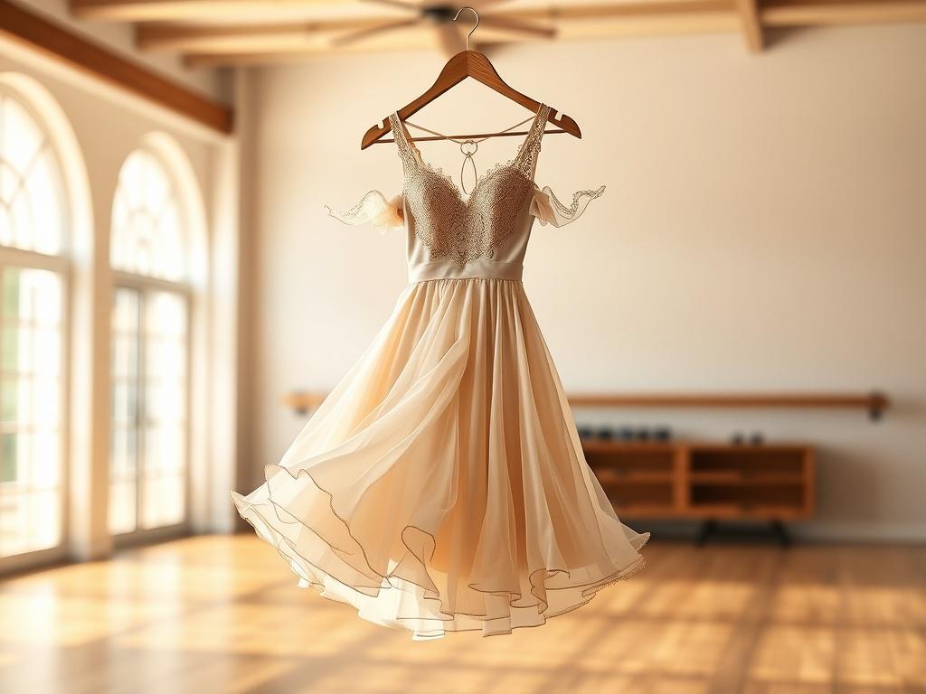 A high-resolution image of a graceful Waltz dance costume hanging elegantly on a rustic wooden hanger. The costume is made from flowing, lightweight fabric in soft pastel colors, with intricate detailing and a flowing skirt. The background is a softly blurred dance studio with warm, natural lighting, emphasizing the beauty and elegance of the costume.