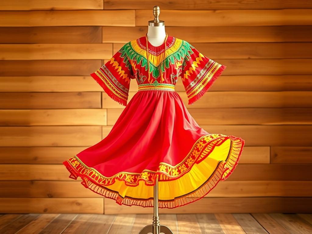A stunning Cumbia dance costume displayed elegantly on a mannequin. The costume features bright colors such as red, yellow, and green, with intricate patterns and flowing fabric. The background is a rustic wooden setting, enhancing the cultural essence of the attire. The lighting is warm, creating an inviting atmosphere that highlights the details of the costume.