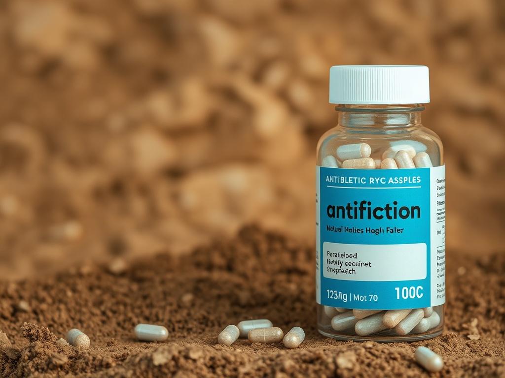 A high-resolution image of a bottle of antibiotic capsules, displaying the capsules inside. The bottle should be clear with a label showing the name and dosage. The background should be simple and earthy, emphasizing the product without distractions.