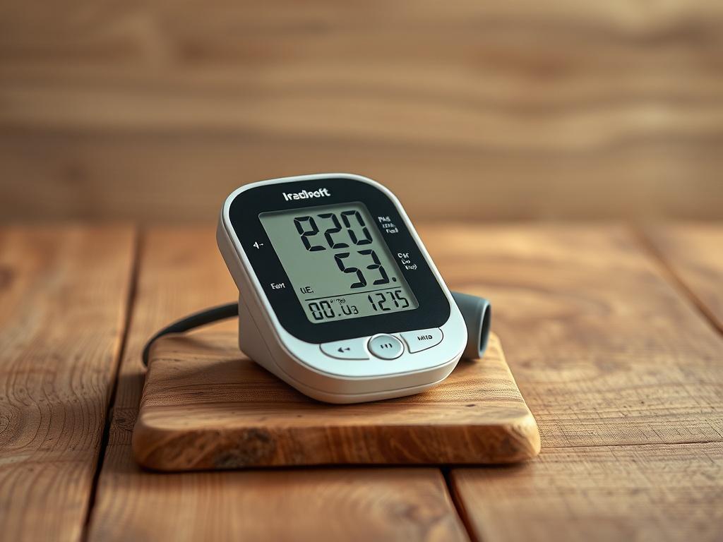 A high-resolution image of a blood pressure monitor positioned on a wooden table. The monitor should be open with a clear digital display showing a reading. The background should be natural and earthy, complementing the product's design.