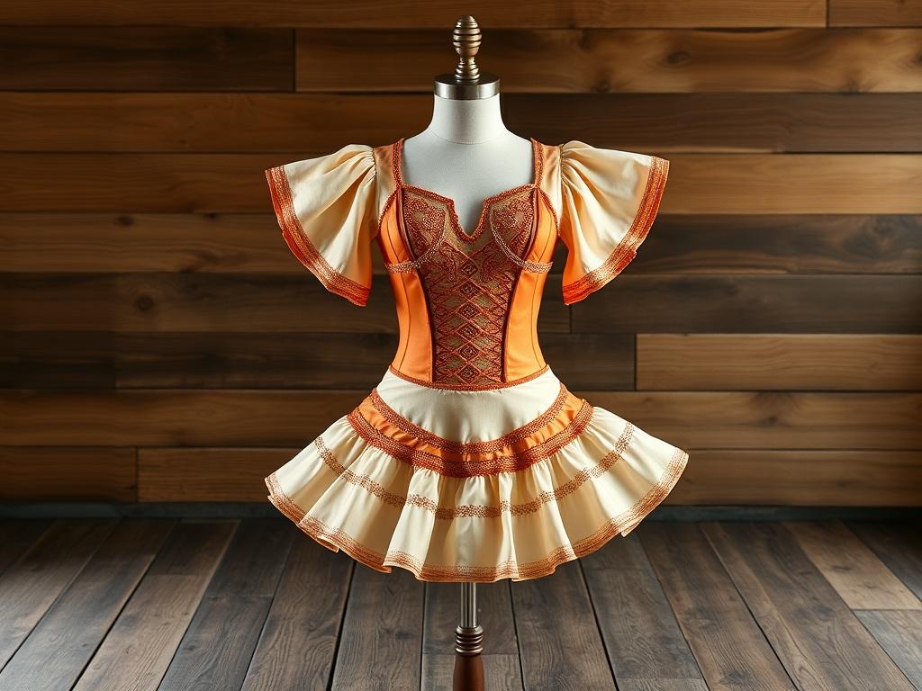 A high-resolution photo of a vibrant 2 Step Dance Costume displayed on a mannequin. The costume features intricate detailing with flowing sleeves and a fitted bodice, designed for smooth dance movements. The background is a rustic wooden floor, enhancing the earthy textures and natural tones of the costume, with soft, natural lighting highlighting its features.