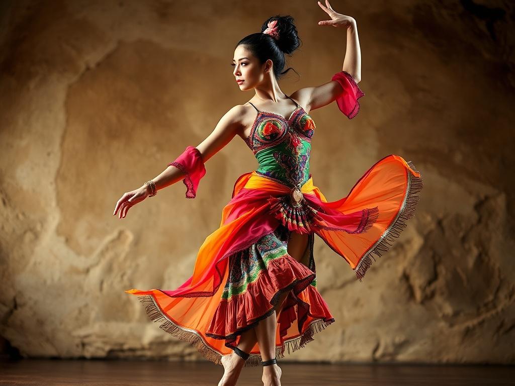 A high-resolution photo of a dancer wearing the Progressive Double dance costume, showcasing vibrant colors and intricate designs. The dancer is in a dynamic pose, emphasizing flexibility and grace. The background is softly blurred to highlight the dancer, with earthy textures and natural tones to create a grounded, rustic aesthetic.